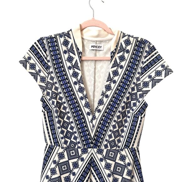 PENCEY Patterned V-Neck Skater Dress Blue Sz 2 - Picture 3 of 6